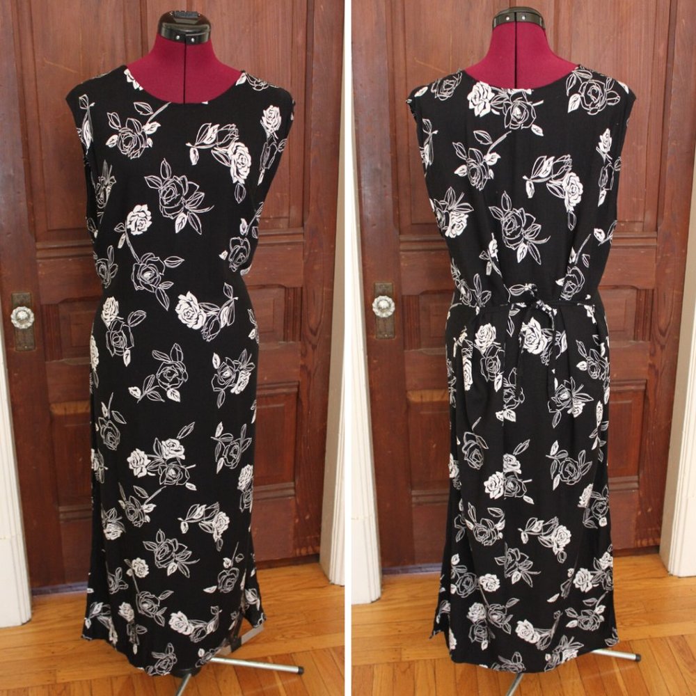 Vintage 90s maxi dress black and white roses print